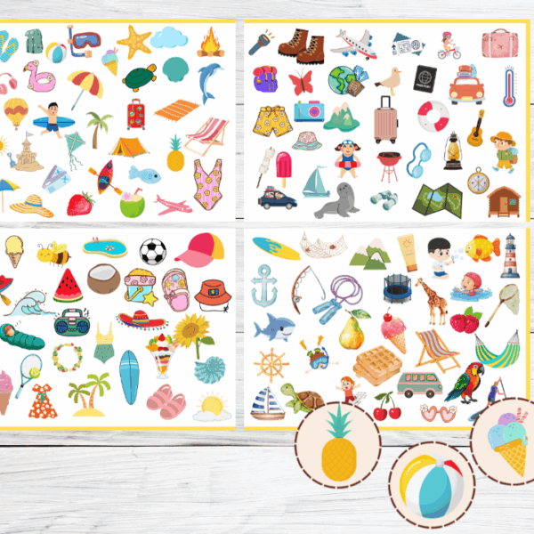 Loteryjka obrazkowa – LATO | 135 ilustracji do wyszukiwania | Gra PDF do druku XXL