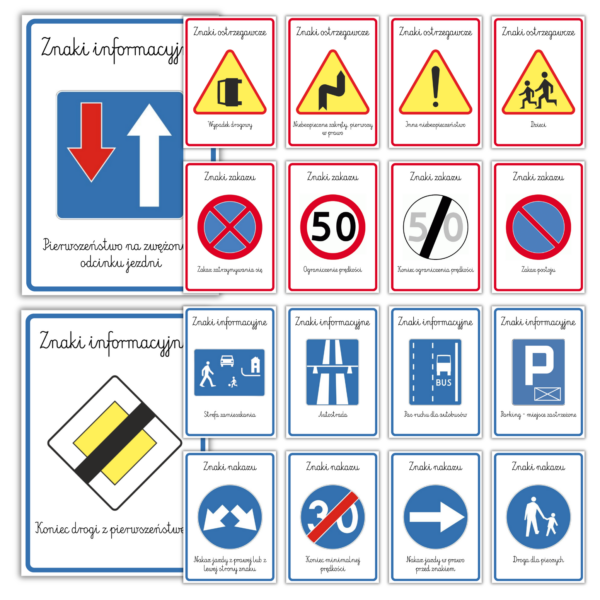 Znaki drogowe do druku 178 sztuk – Pakiet edukacyjny PDF: Ostrzegawcze, Zakazu, Nakazu, Informacyjne | PDF