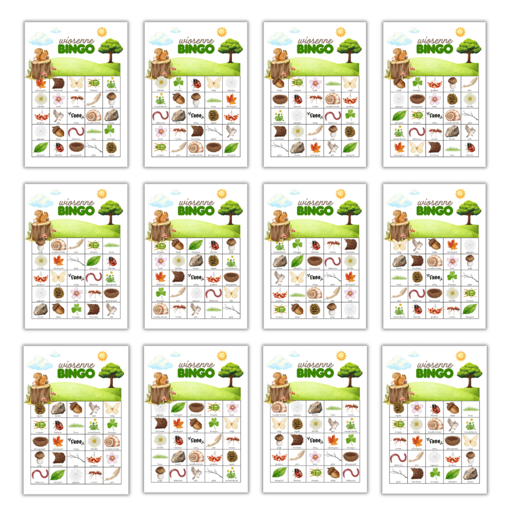 Bingo w naturze: Gra na spacer – 12 kolorowych plansz do druku (PDF)