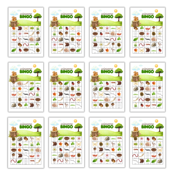 Bingo w naturze: Gra na spacer – 12 kolorowych plansz do druku (PDF)