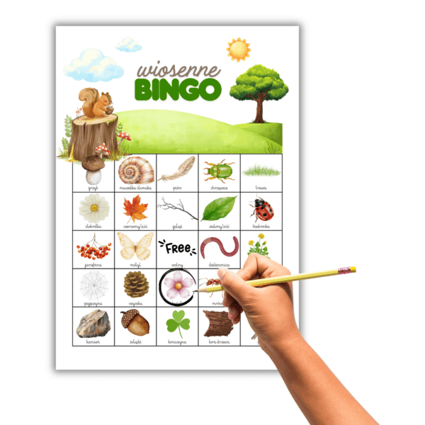Bingo w naturze: Gra na spacer – 12 kolorowych plansz do druku (PDF)