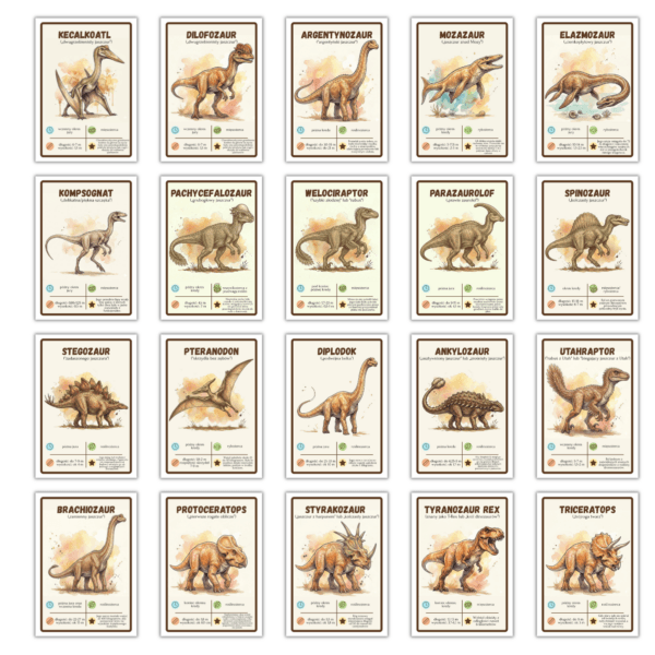 Karty edukacyjne dinozaury – 20 kart PDF do druku